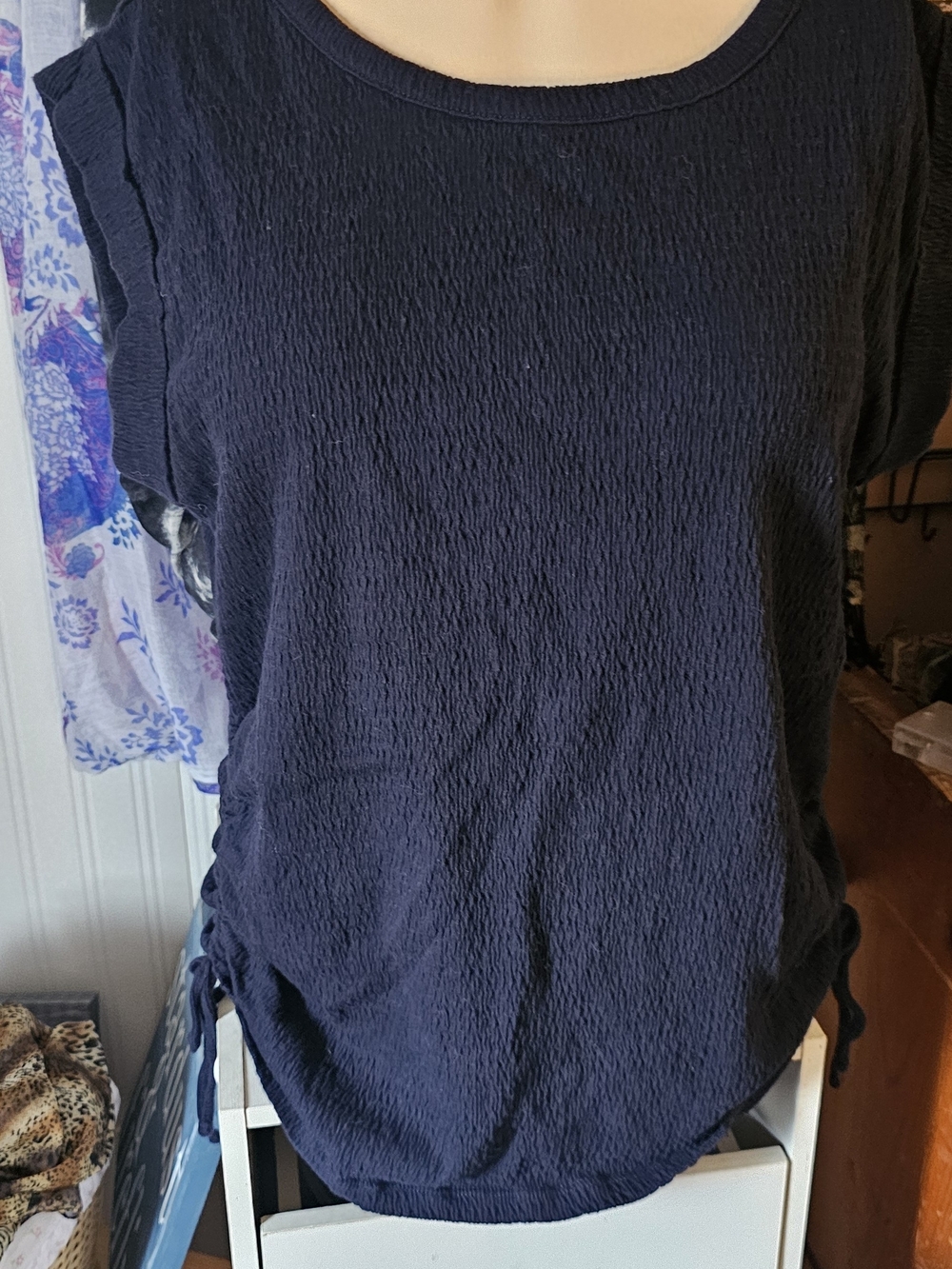 3 Talbots Navy , White And Blue Textured Short Sleeve Tunic with Side Ties
